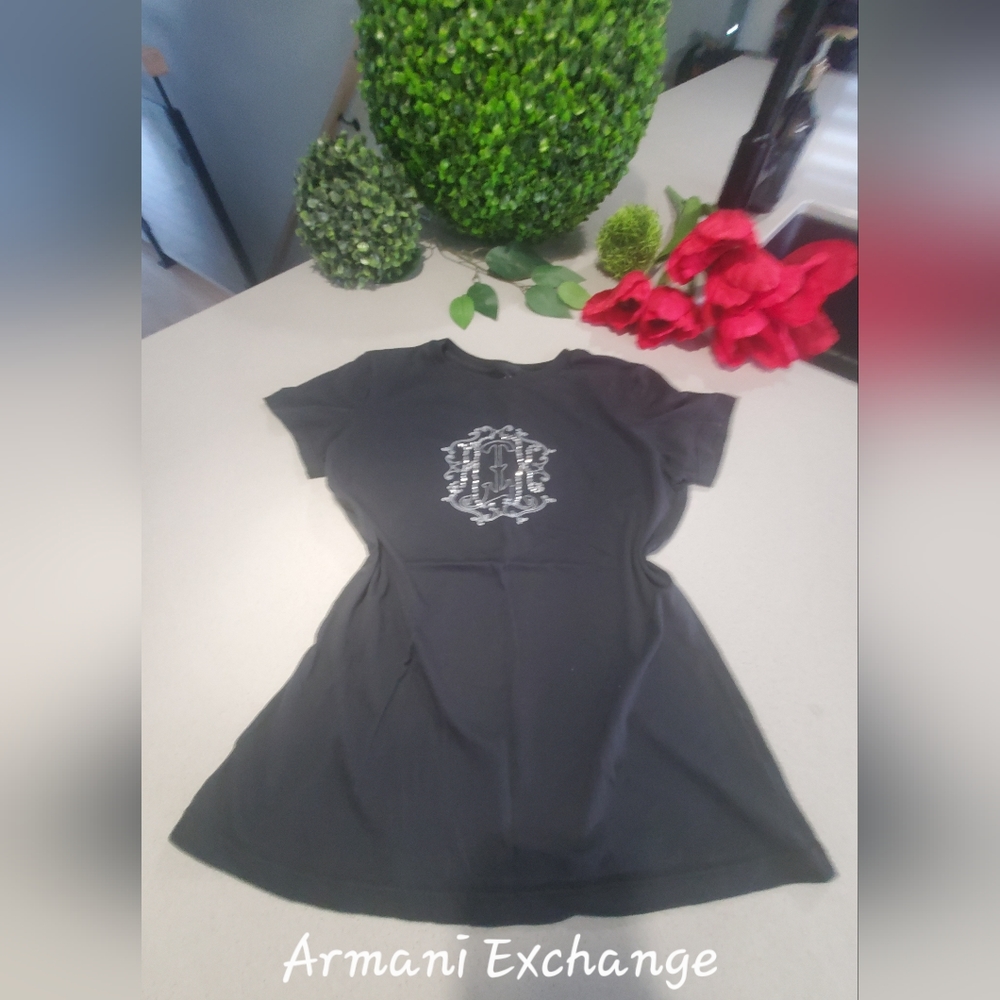 ARMANI EXCHANGE Beau t-shirt à manches courtes noir uni avec motifs argent
